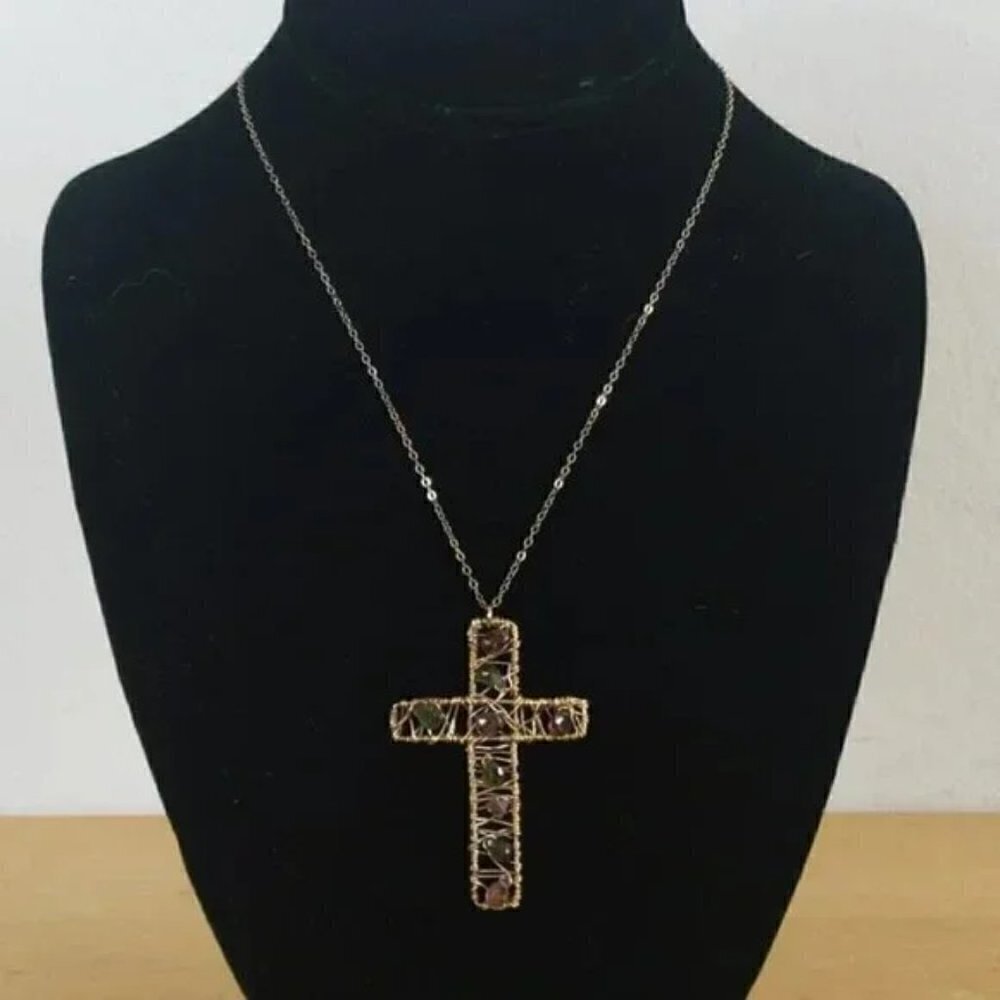 14KT GF Wire Wrap Semi Precious Stones Cross Pendant Necklace